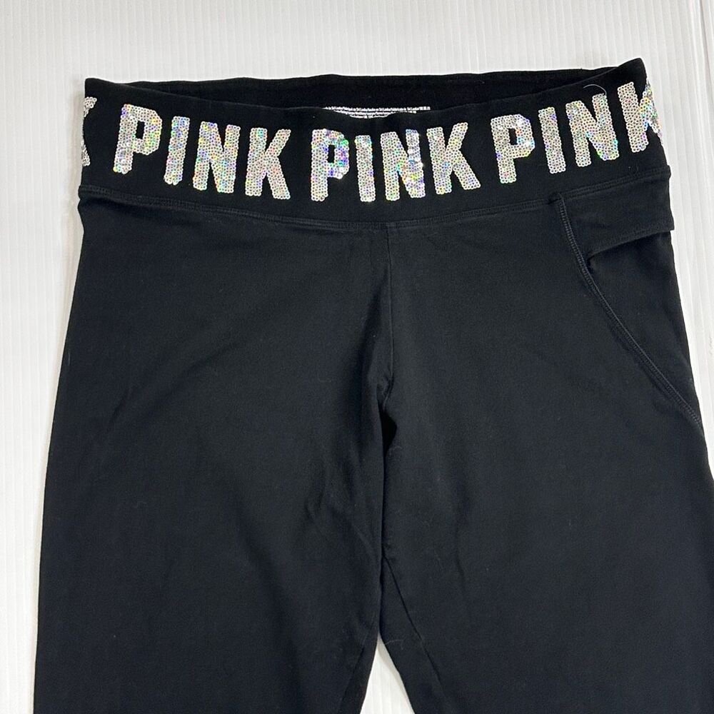 PINK Victoria’s Secret Tropical Floral Bling Yoga Leggings L Black Sequin Waist - Picture 13 of 16